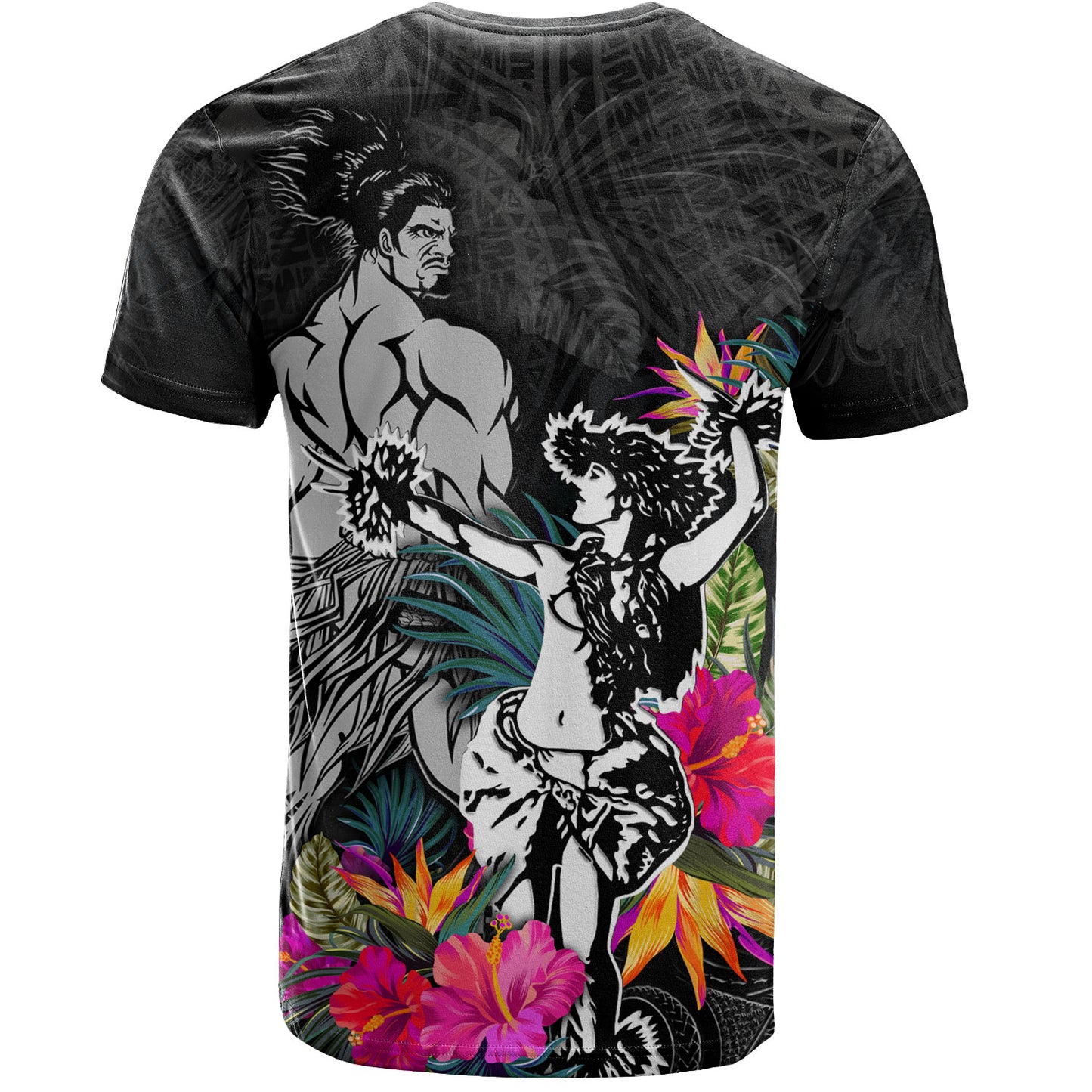 Hawaii T-Shirt Hawaiian Girl And Warrior With Tropical Flowers