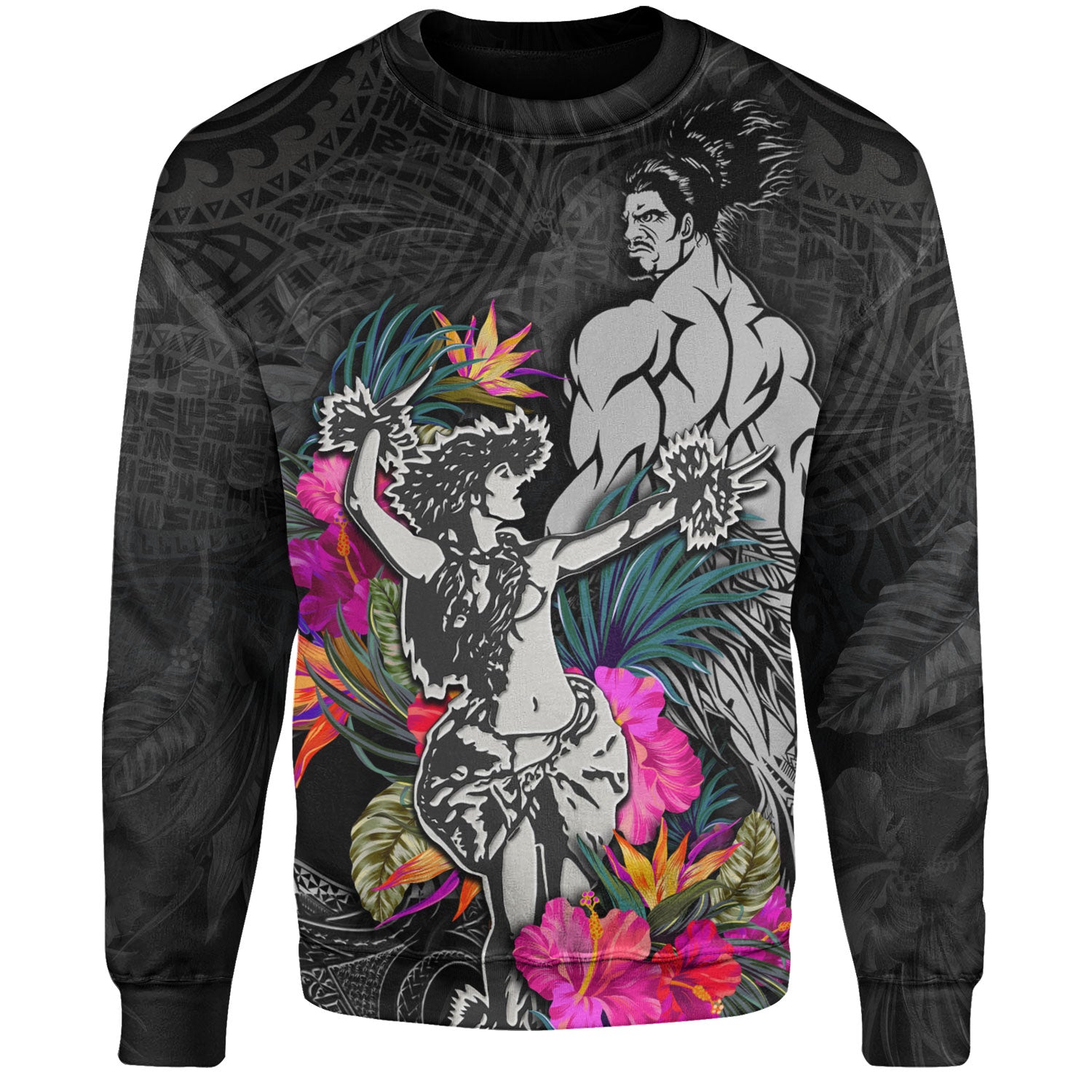 Hawaii Sweatshirt Hawaiian Girl And Warrior With Tropical Flowers
