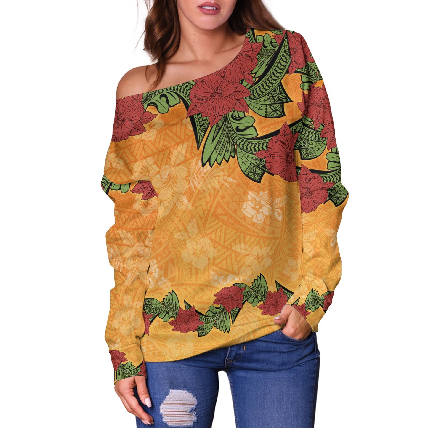 Polynesian Off Shoulder Sweatshirt Tropical Flowers Polynesian Tribal Motif