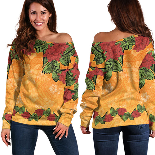 Polynesian Off Shoulder Sweatshirt Tropical Flowers Polynesian Tribal Motif