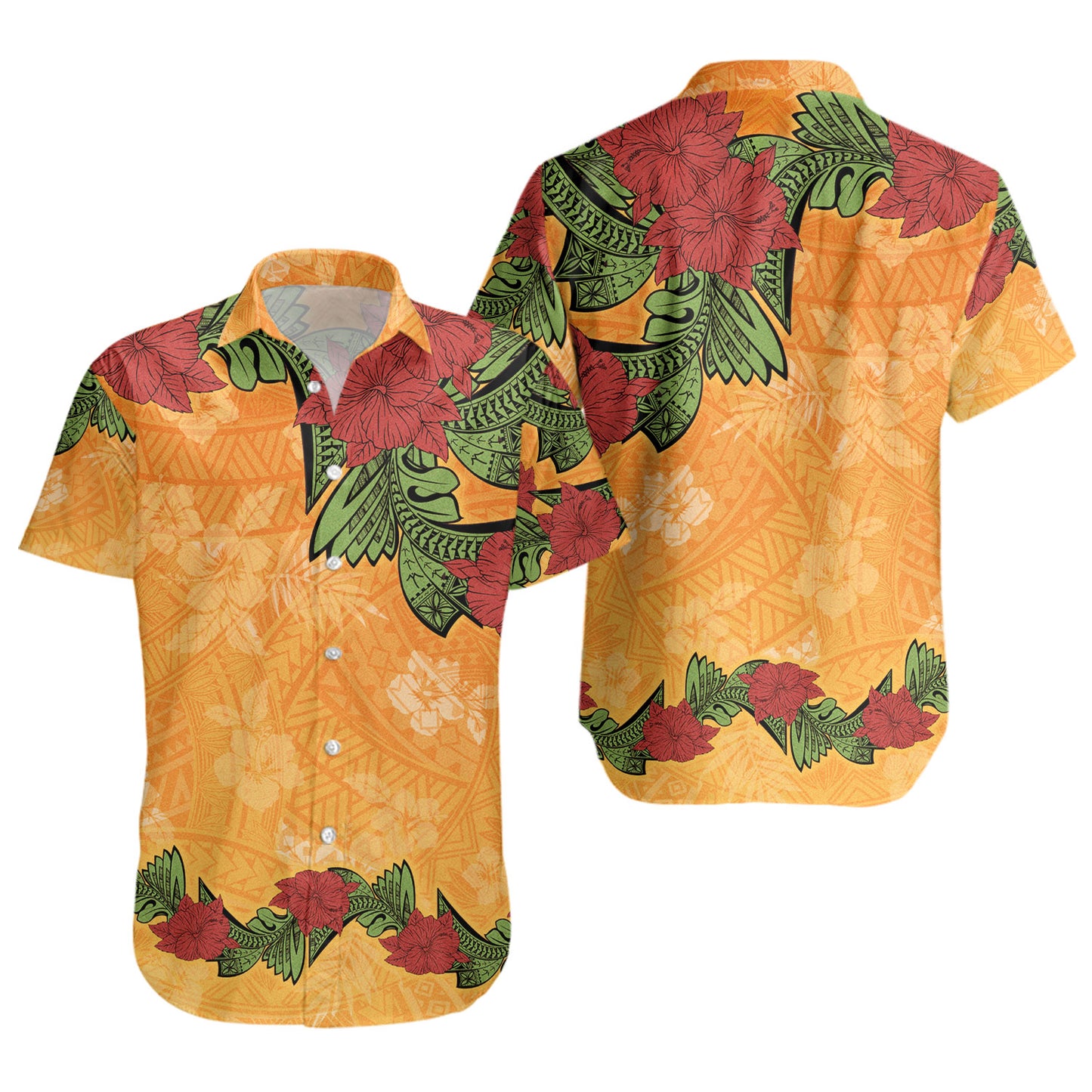 Polynesian Short Sleeve Shirt Tropical Flowers Polynesian Tribal Motif