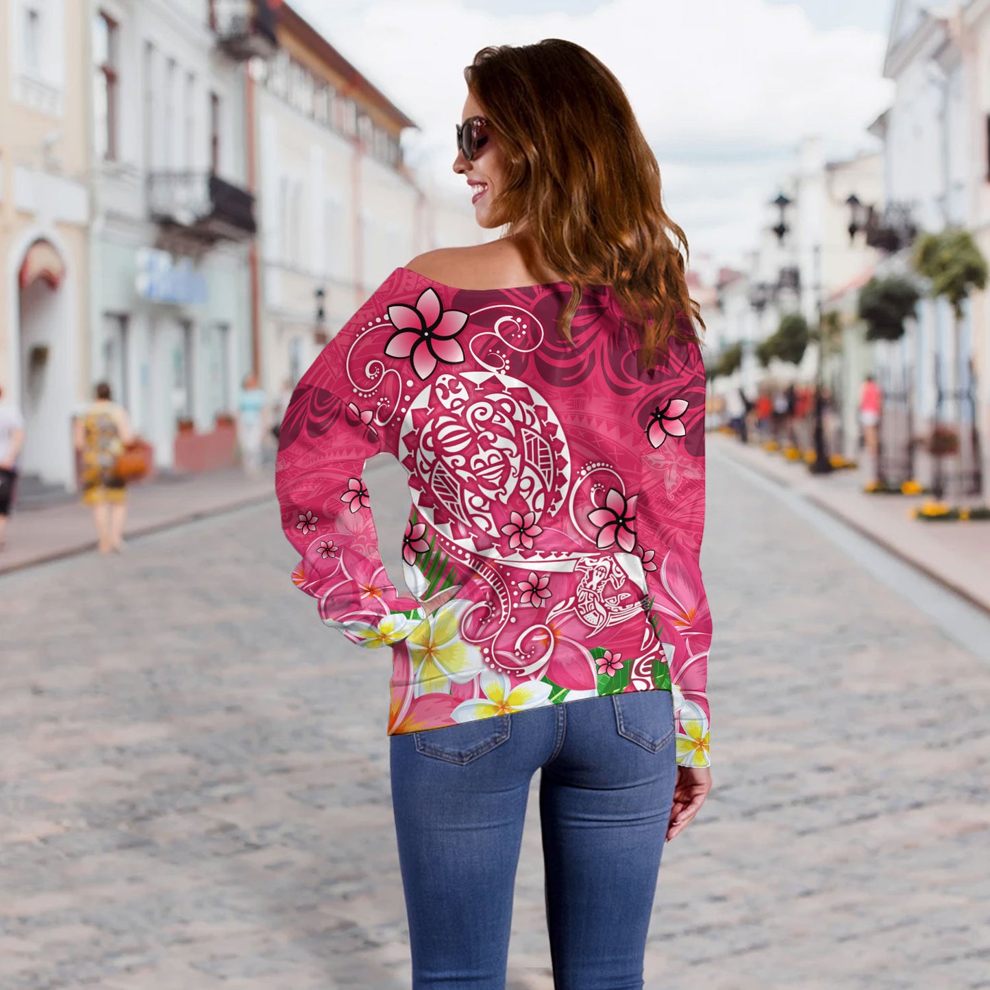 Polynesian Off Shoulder Sweatshirt Turtle Plumeria Pink Color