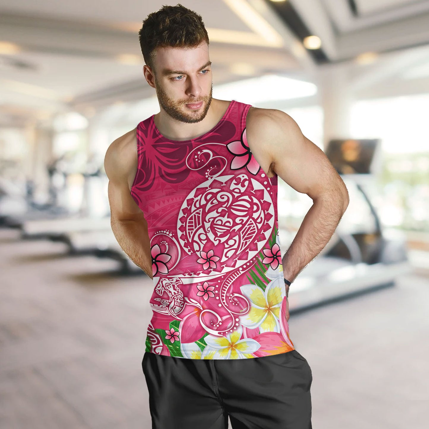 Polynesian Tank Top Turtle Plumeria Pink Color