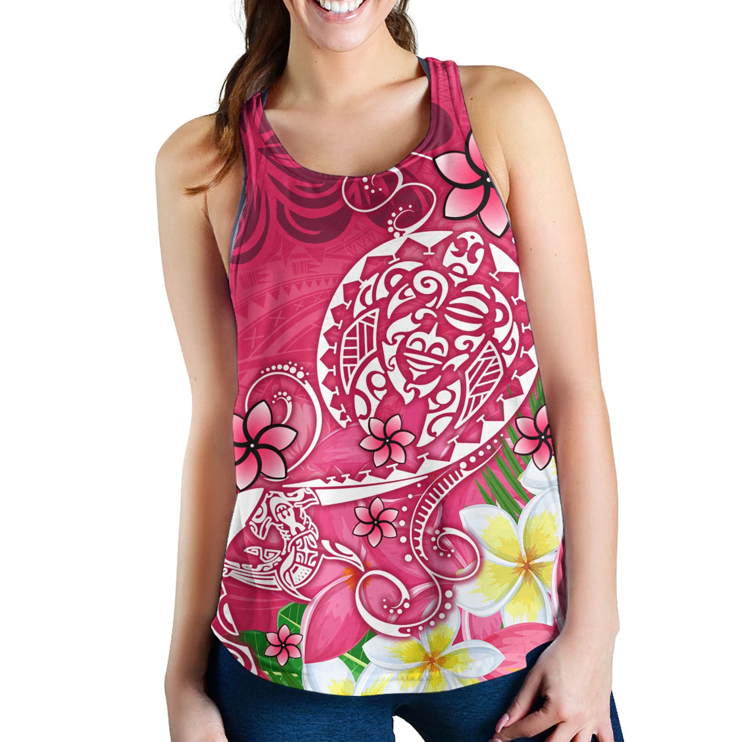 Polynesian Women Tank Turtle Plumeria Pink Color