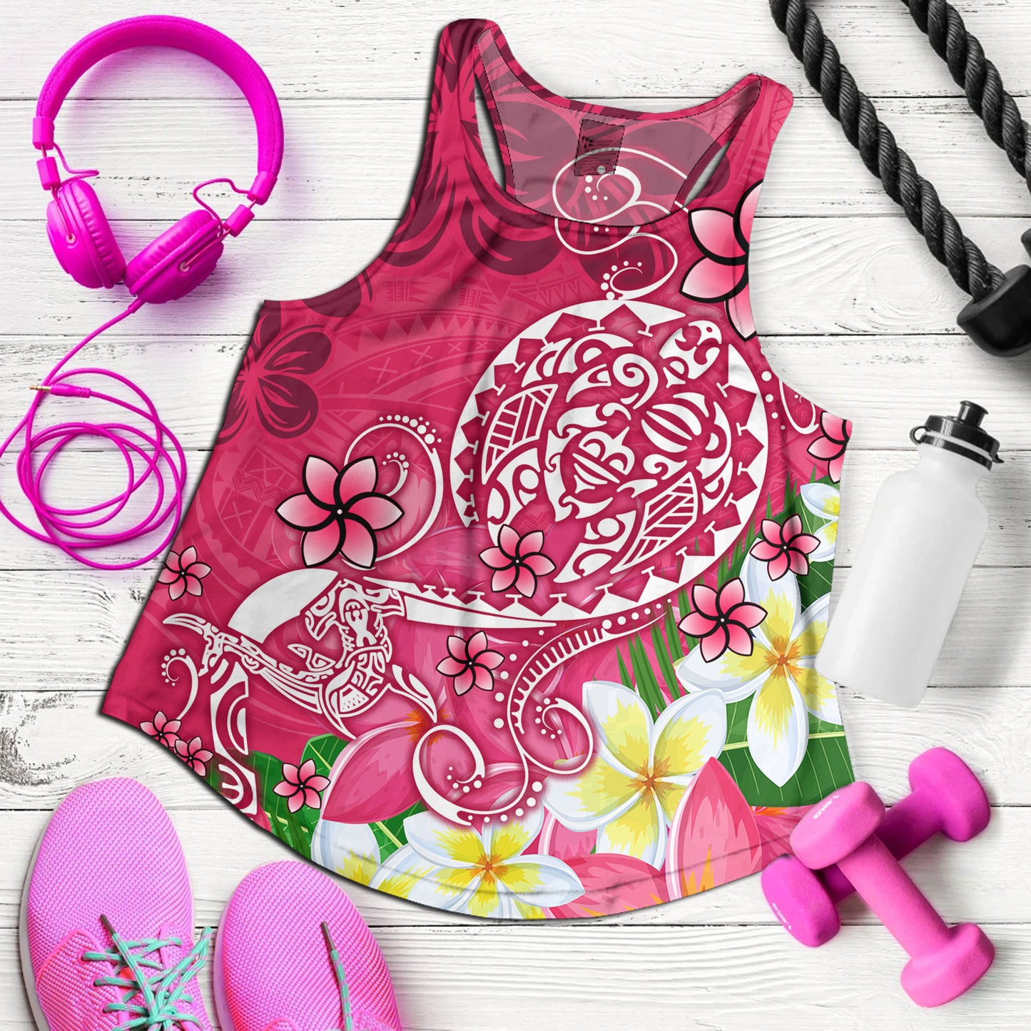 Polynesian Women Tank Turtle Plumeria Pink Color