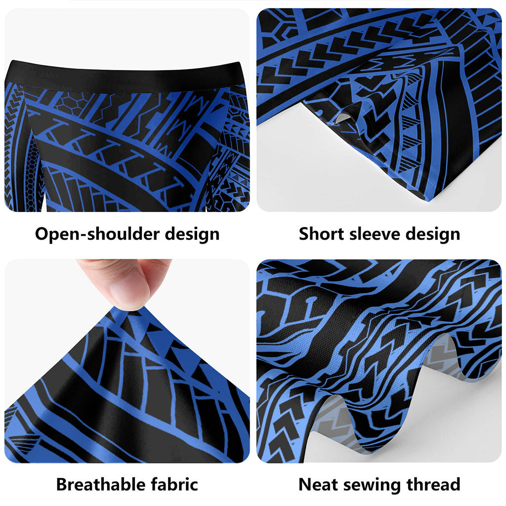 Hawaii Combo Short Sleeve Dress And Shirt Polynesian Pattern Tattoo Blue
