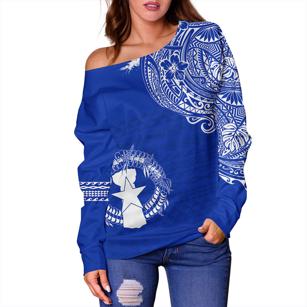 Northern Mariana Islands Off Shoulder Sweatshirt Polynesian Flag With Coat Of Arms