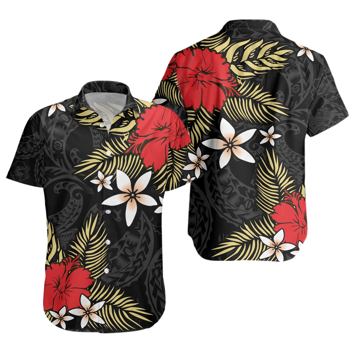Polynesian Short Sleeve Shirt Hibiscus Plumeria Flowers Polynesian Tribal Motif Patterns