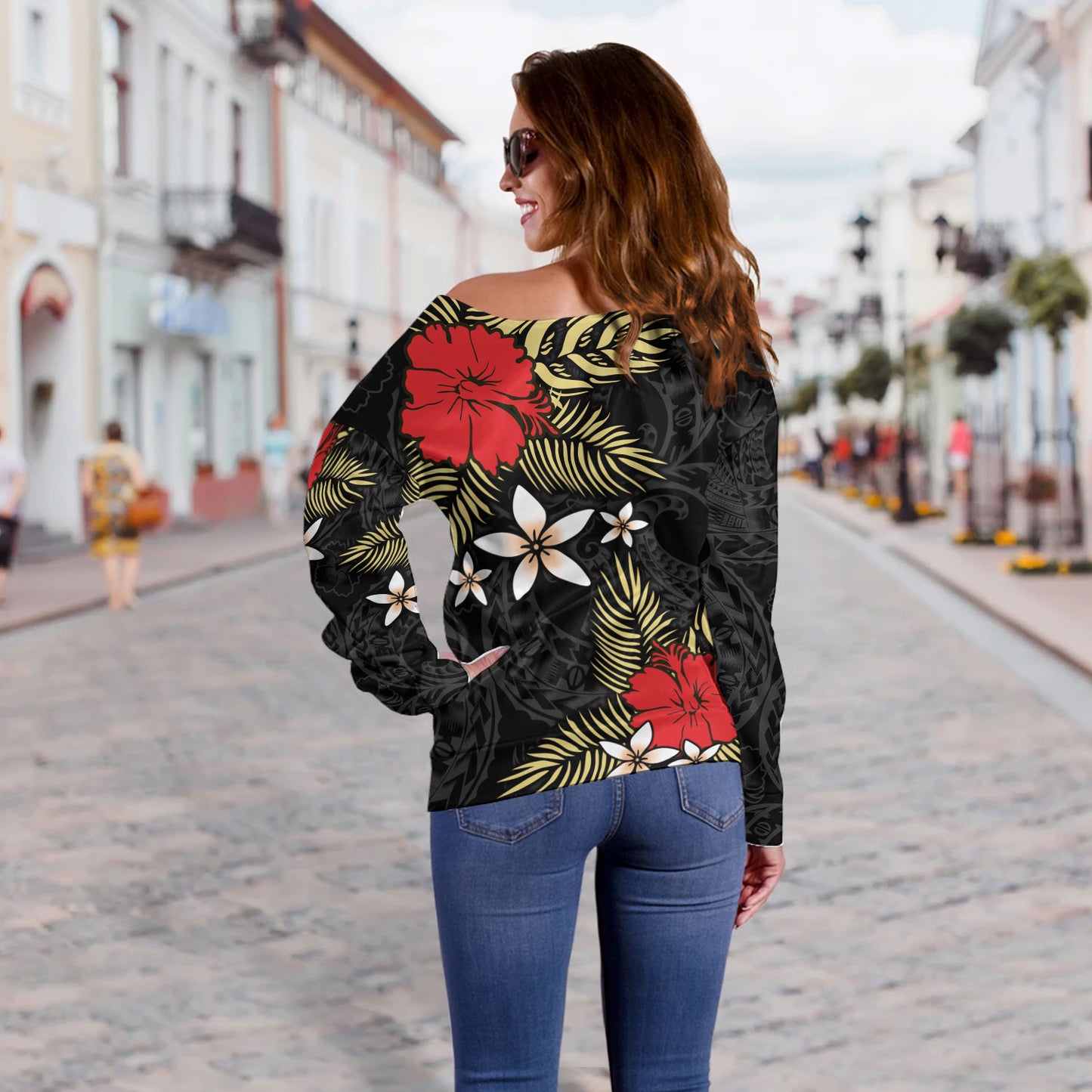 Polynesian Off Shoulder Sweatshirt Hibiscus Plumeria Flowers Polynesian Tribal Motif Patterns