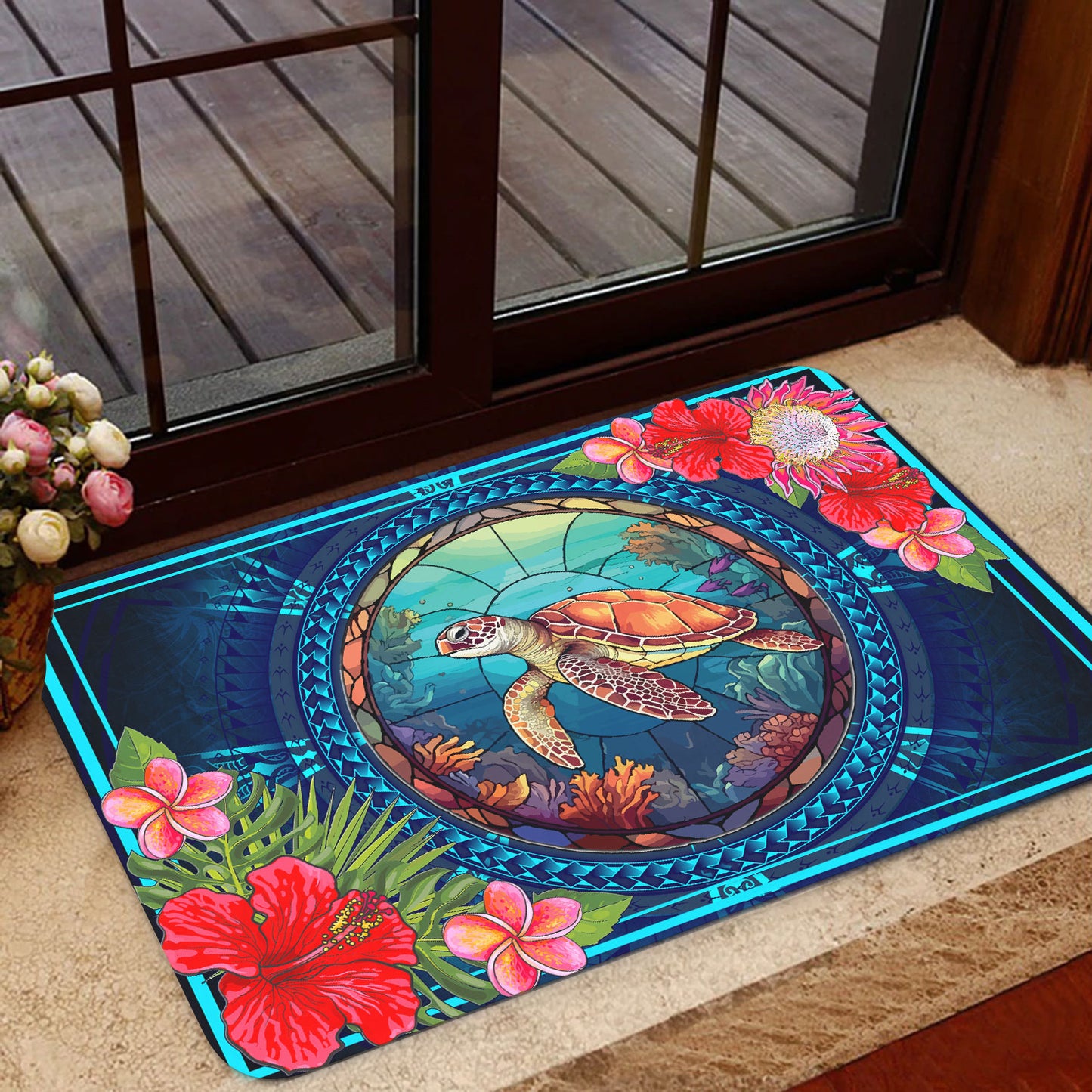 Hawaii Door Mat Polynesian Patterns Turtle Mascot WaterColor Style