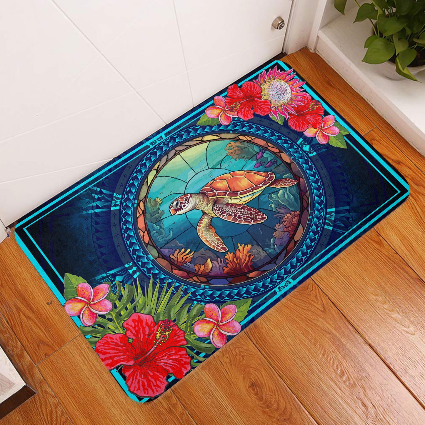 Hawaii Door Mat Polynesian Patterns Turtle Mascot WaterColor Style