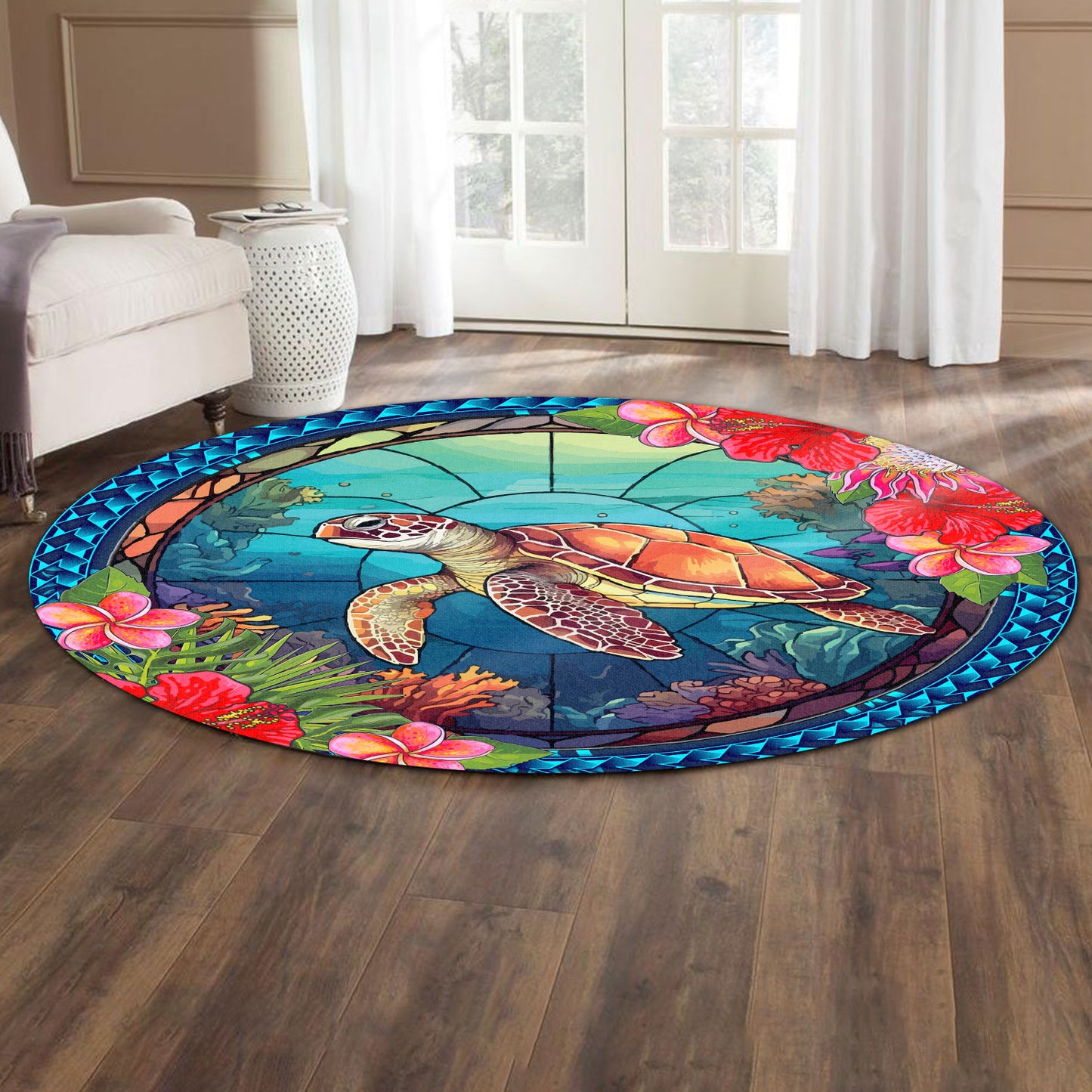 Hawaii Round Rug Polynesian Patterns Turtle Mascot WaterColor Style