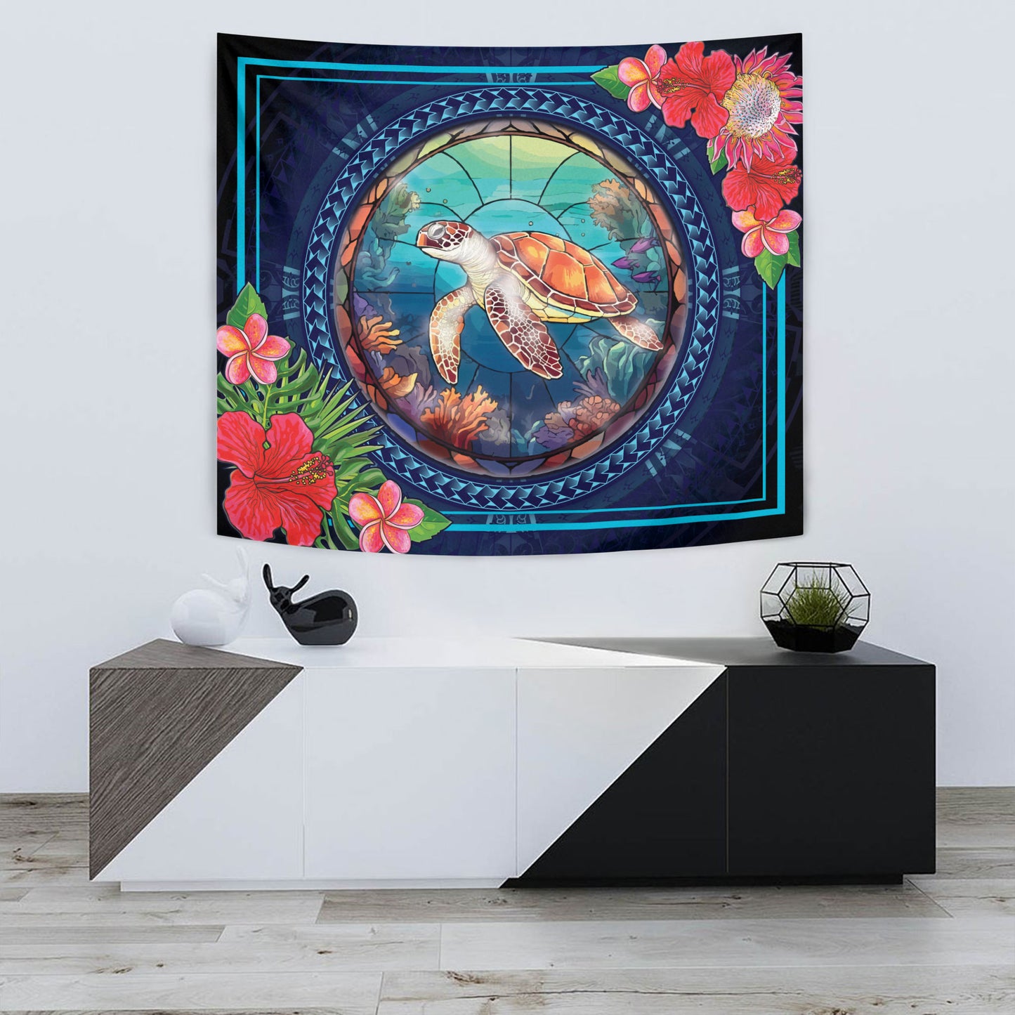 Hawaii Tapestry Polynesian Patterns Turtle Mascot WaterColor Style