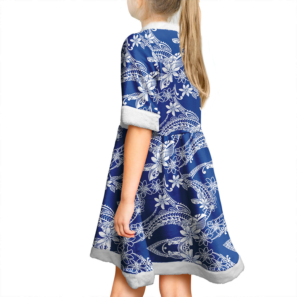 Hawaii Women and Kid Christmas Dress Polynesian Print Fabric And Flower Blue