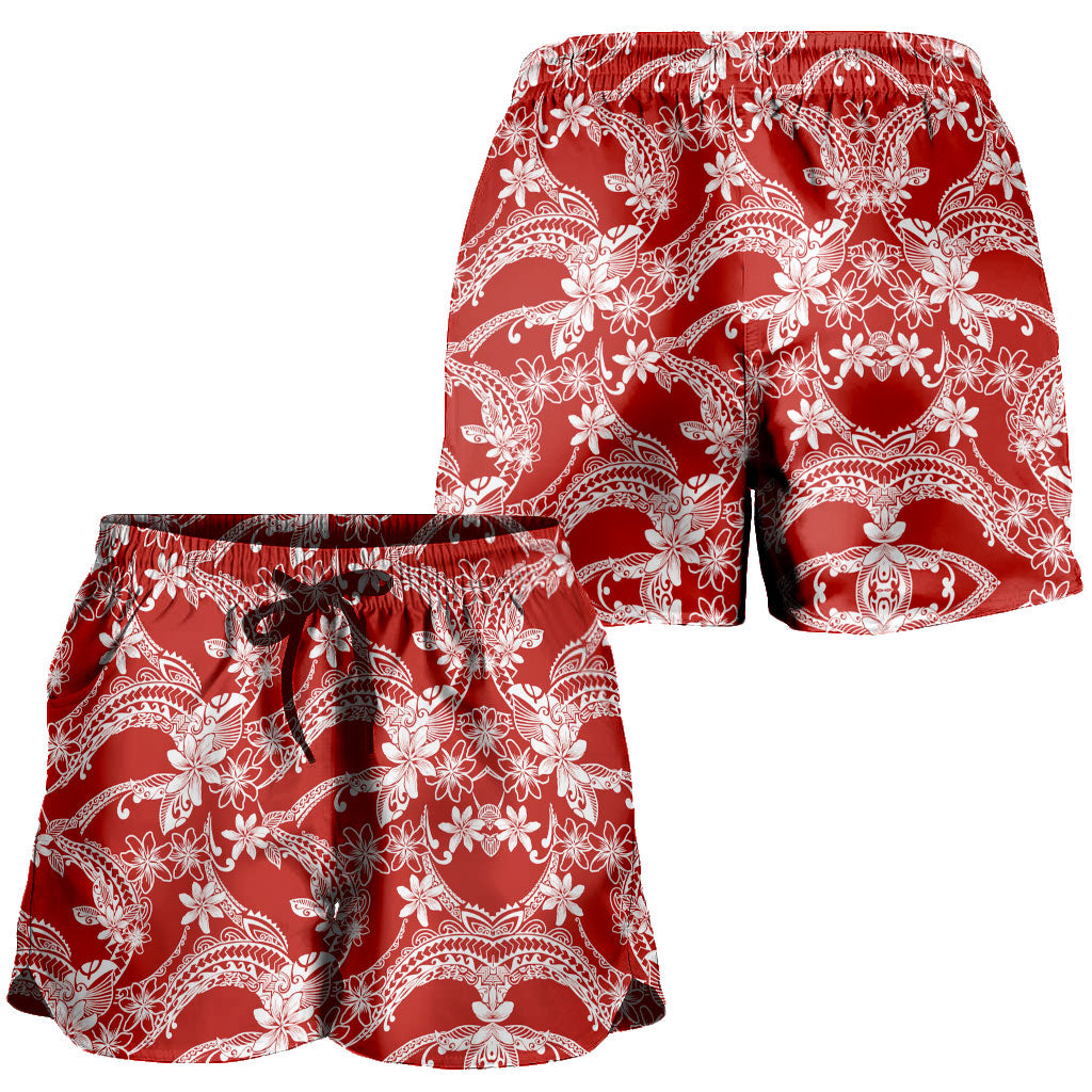 Hawaii Women Shorts Polynesian Print Fabric And Flower Red