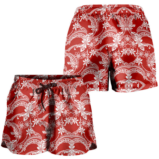 Hawaii Women Shorts Polynesian Print Fabric And Flower Red