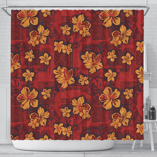 Hawaii Shower Curtain Polynesian Tribal And Hibiscus Vintage Red Gold