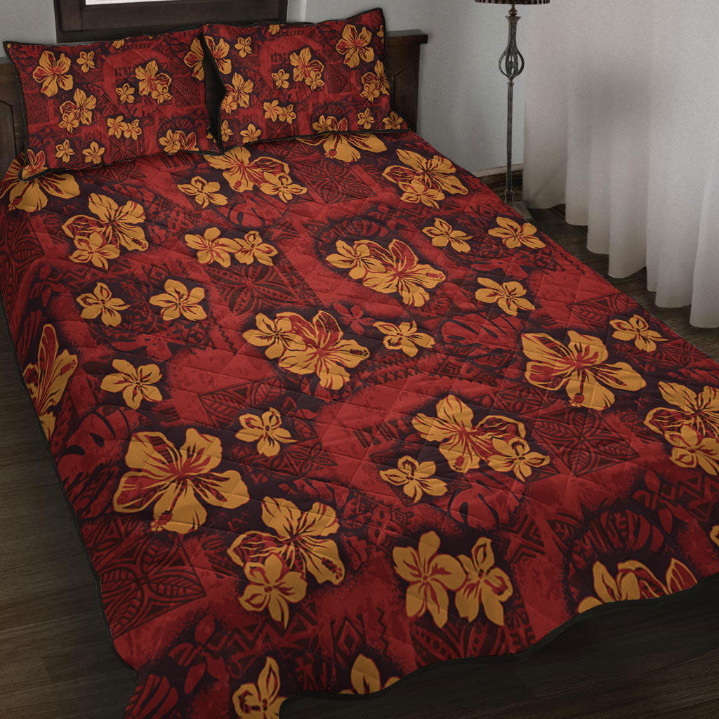 Hawaii Quilt Bed Set Polynesian Tribal And Hibiscus Vintage Red Gold