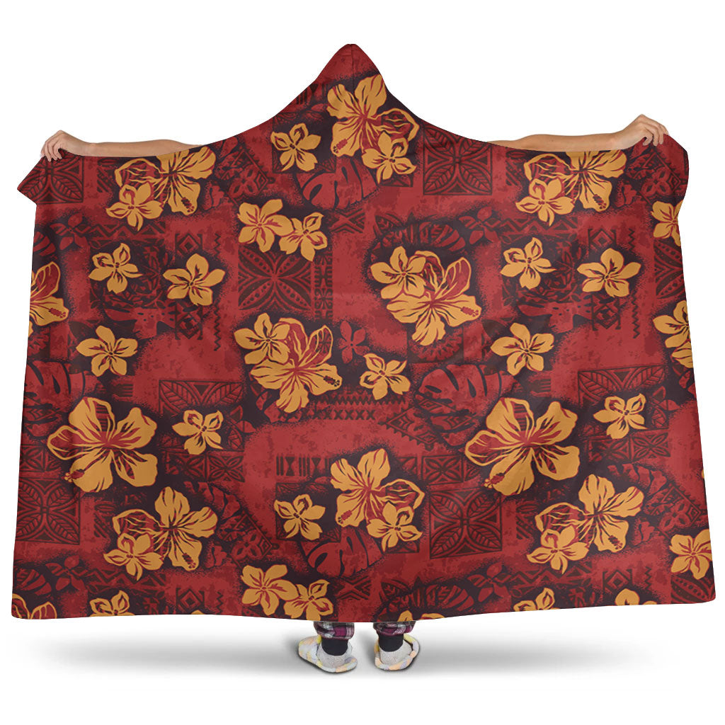 Hawaii Hooded Blanket Polynesian Tribal And Hibiscus Vintage Red Gold