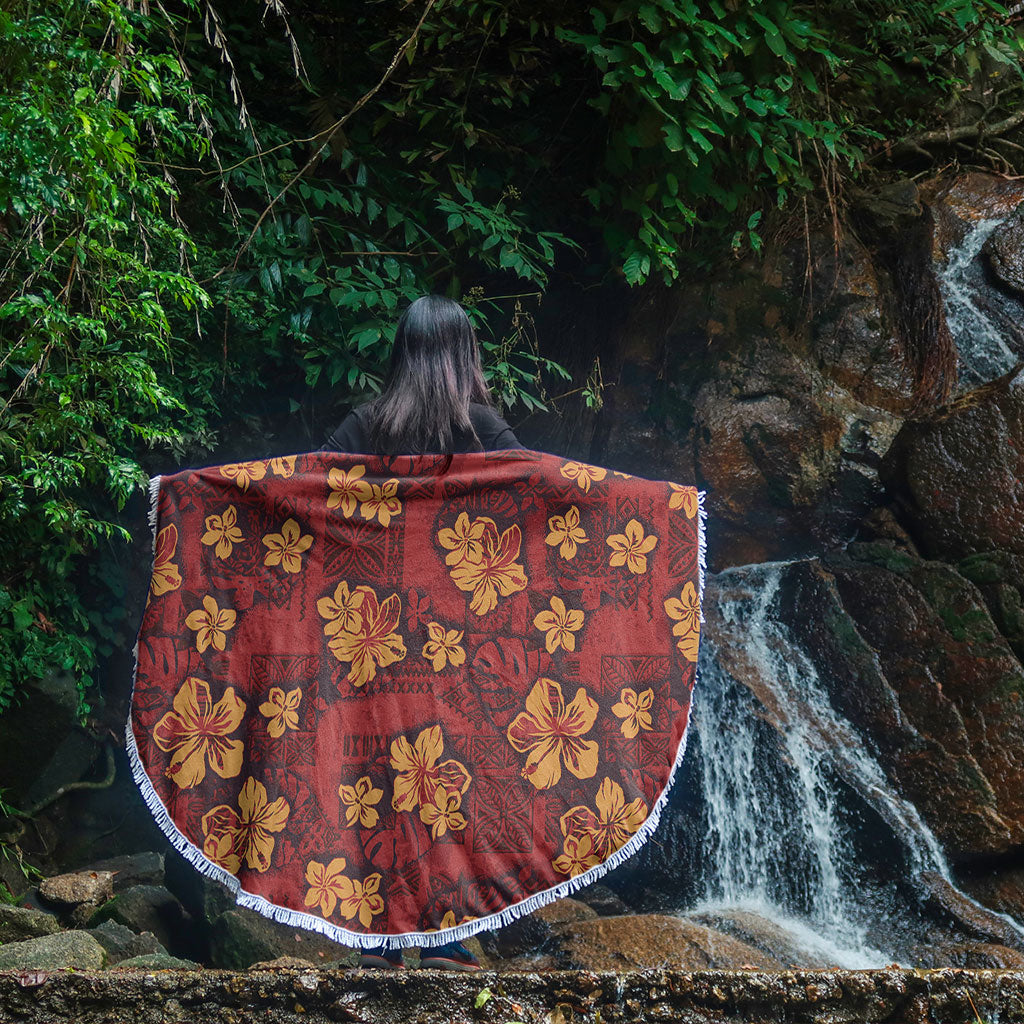 Hawaii Beach Blanket Polynesian Tribal And Hibiscus Vintage Red Gold