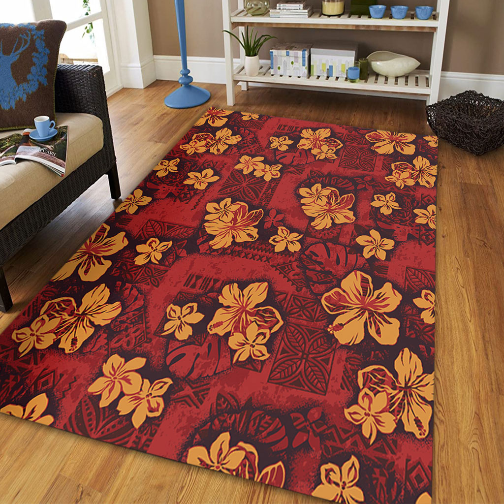 Hawaii Area Rug Polynesian Tribal And Hibiscus Vintage Red Gold