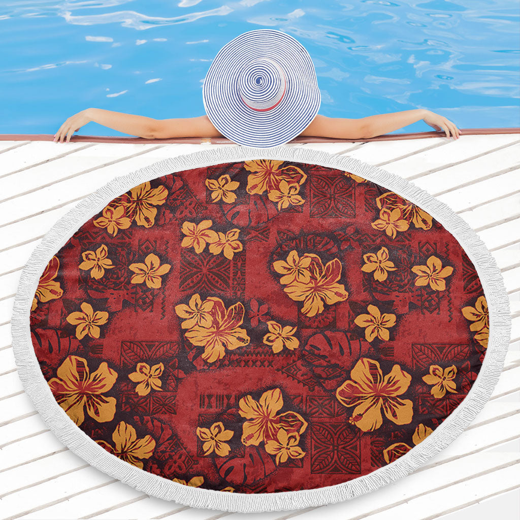 Hawaii Beach Blanket Polynesian Tribal And Hibiscus Vintage Red Gold