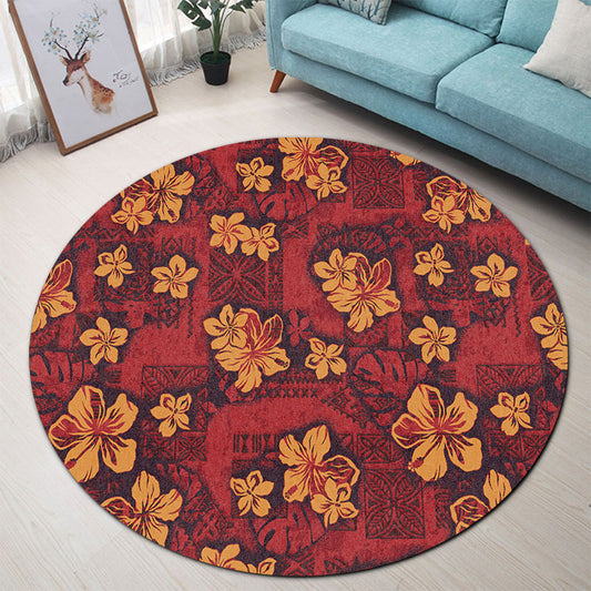 Hawaii Round Rug Polynesian Tribal And Hibiscus Vintage Red Gold