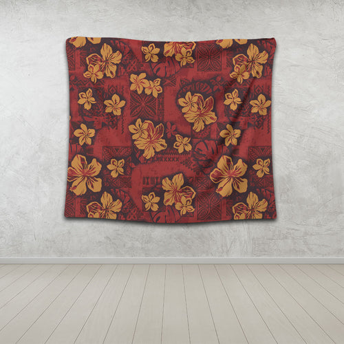 Hawaii Tapestry Polynesian Tribal And Hibiscus Vintage Red Gold