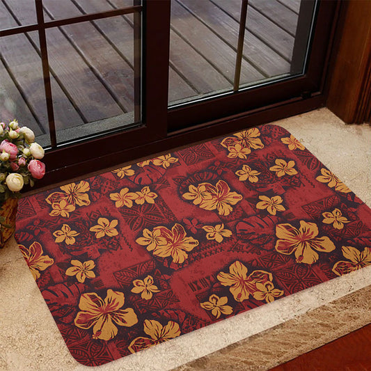 Hawaii Door Mat Polynesian Tribal And Hibiscus Vintage Red Gold