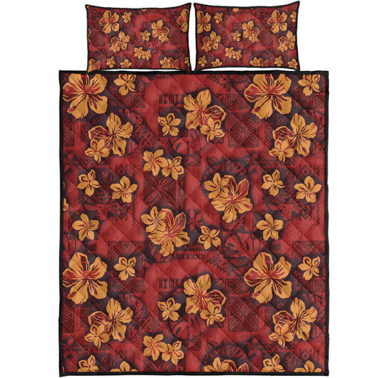 Hawaii Quilt Bed Set Polynesian Tribal And Hibiscus Vintage Red Gold