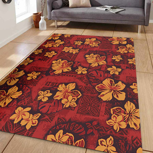 Hawaii Area Rug Polynesian Tribal And Hibiscus Vintage Red Gold