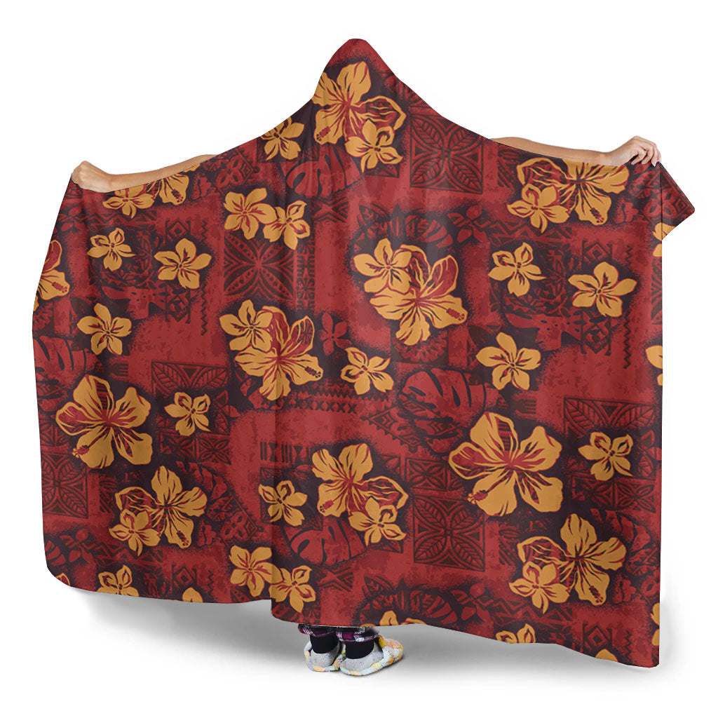 Hawaii Hooded Blanket Polynesian Tribal And Hibiscus Vintage Red Gold