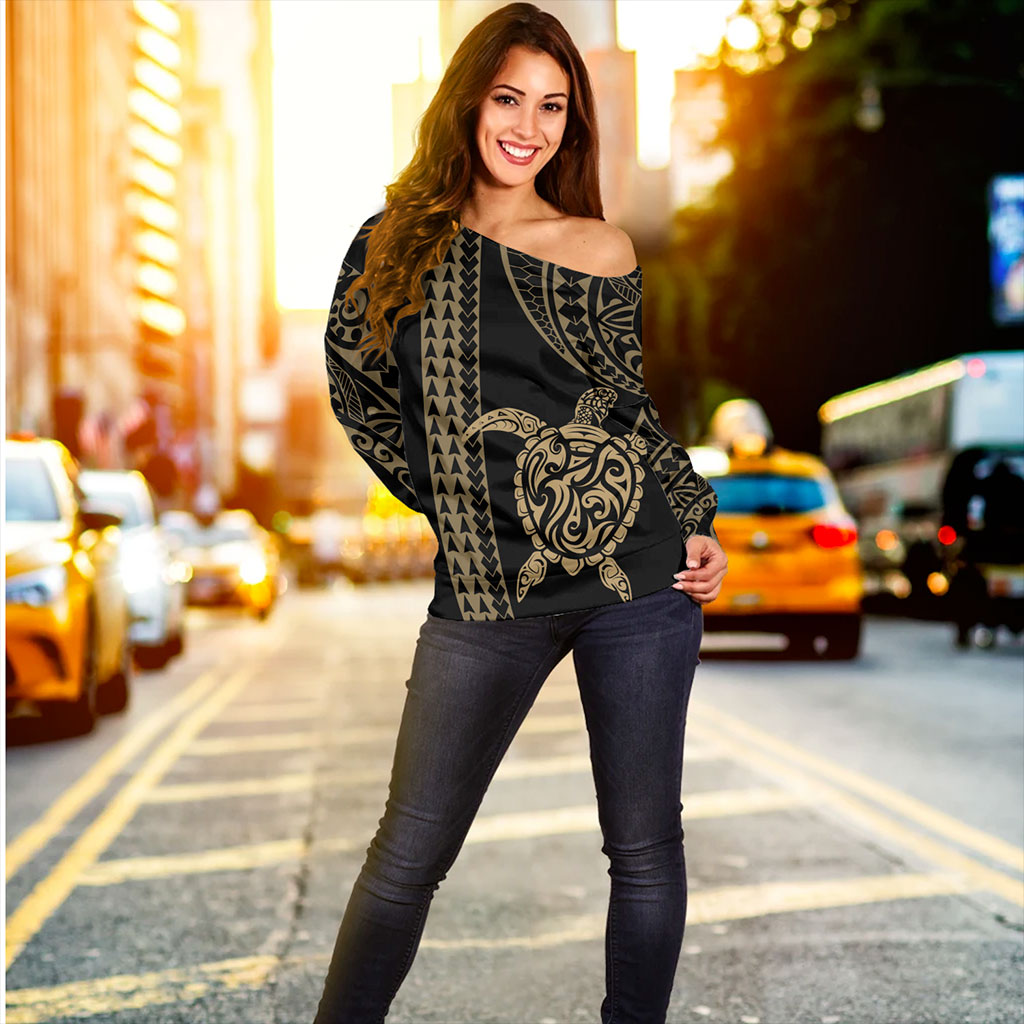 Hawaii Off Shoulder Sweatshirt Polynesian Tribal Turtle Gold