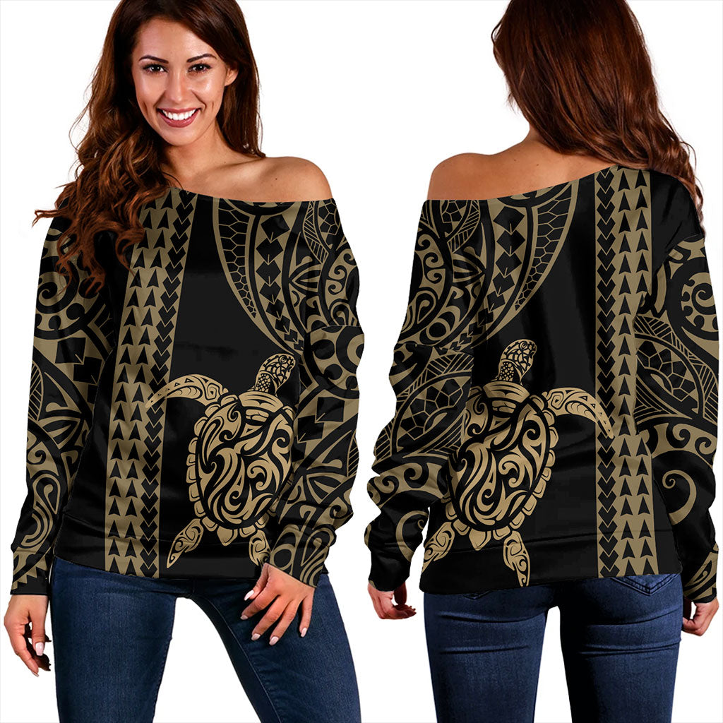 Hawaii Off Shoulder Sweatshirt Polynesian Tribal Turtle Gold