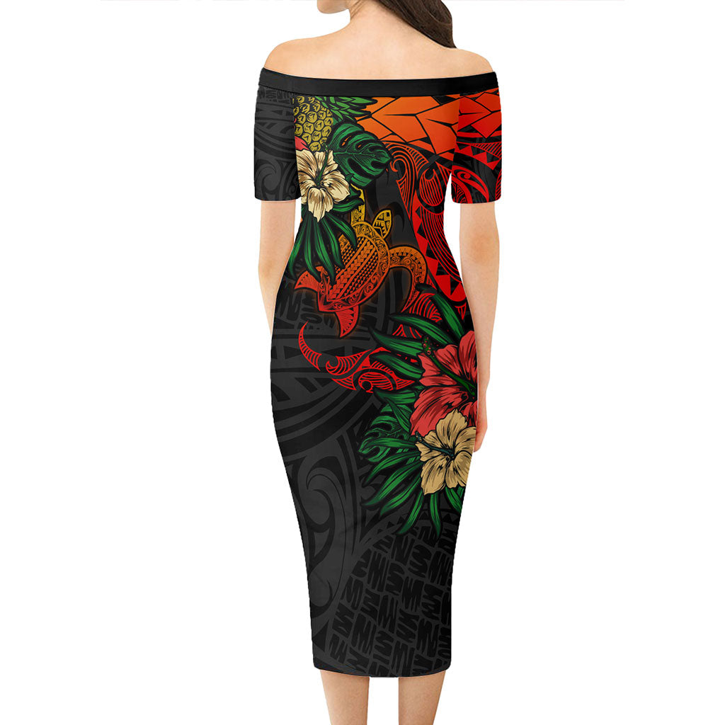 Hawaii Short Sleeve Off The Shoulder Lady Dress Polynesian Turtle Tropical