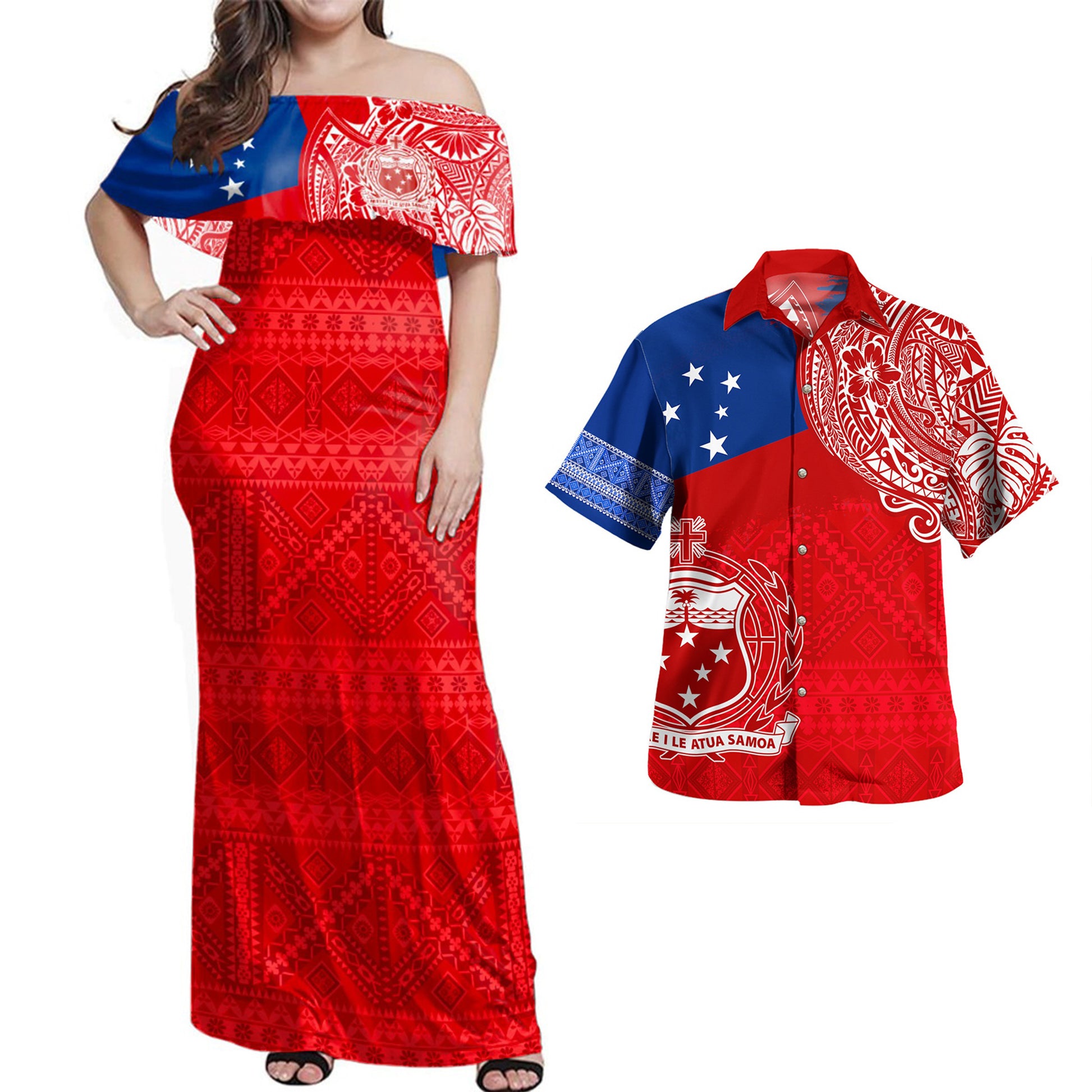 Samoa Combo Dress And Shirt Polynesian Flag With Coat Of Arms