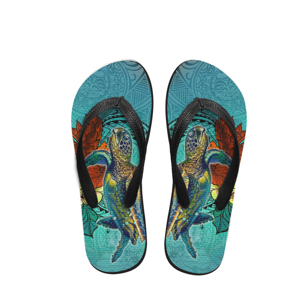 Polynesian Flip Flop - Sea Turtle Tropical Flowers Ver