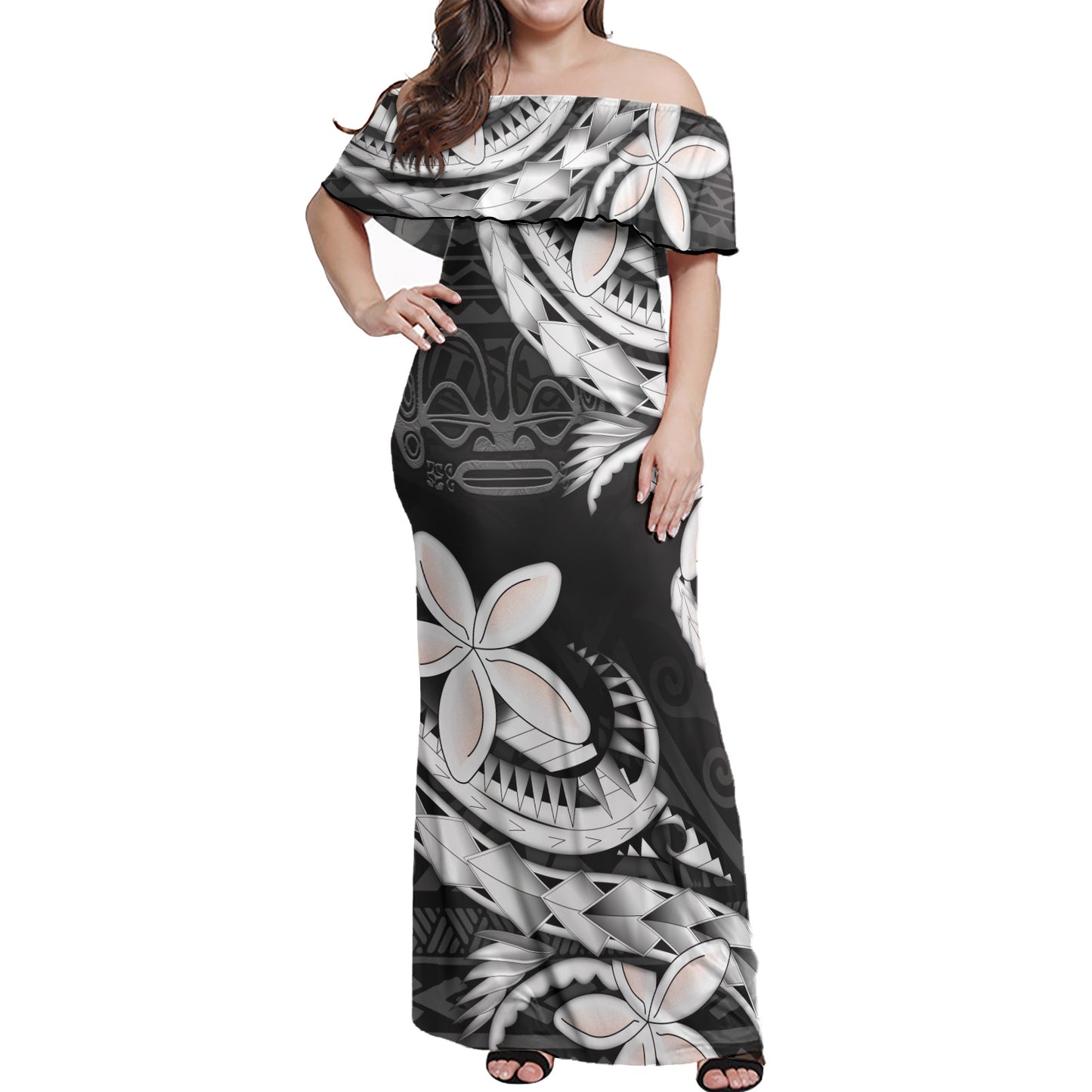 Marquesas Islands Combo Off Shoulder Long Dress And Shirt Polynesian Patterns Plumeria Flowers Special Style