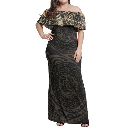 Polynesian Tattoo Style Women Off Shoulder Long Dress Version 1.0
