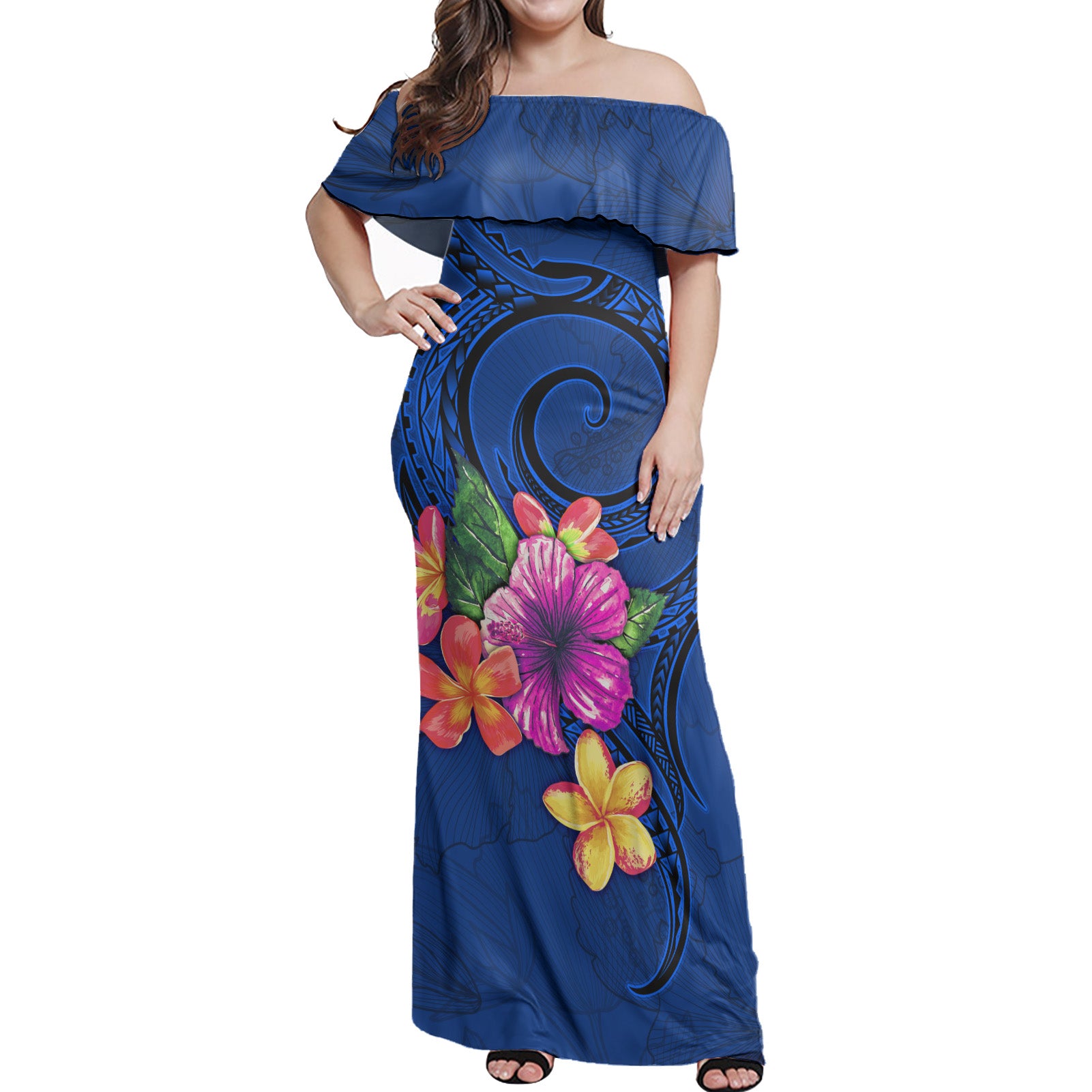 Polynesian Woman Off Shoulder Long Dress Floral With Seal Blue