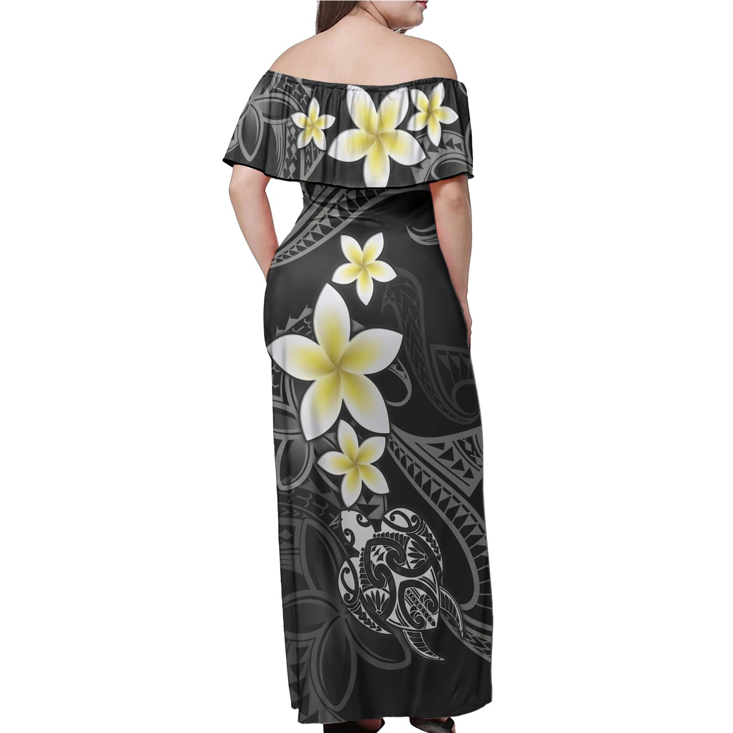 Polynesian Woman Off Shoulder Long Dress Honu Plumeria Tribal Tattoo