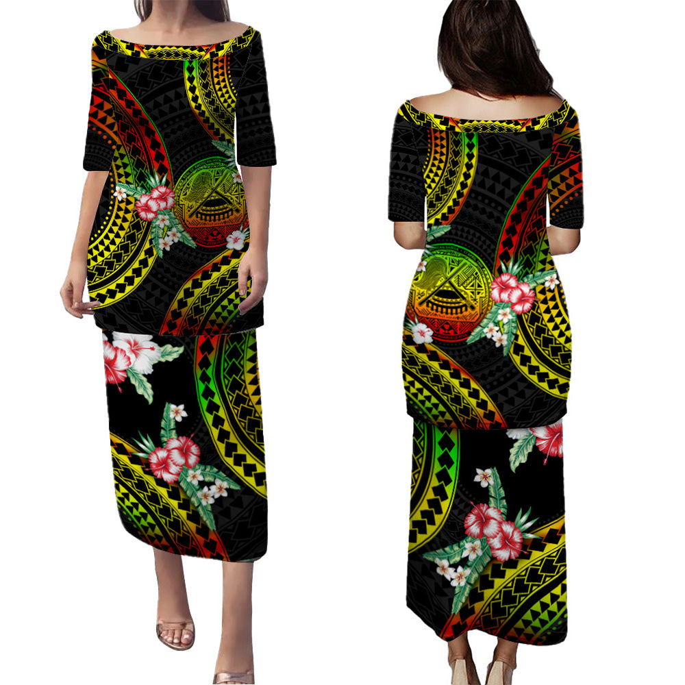 American Samoa Combo Puletasi And Shirt Polynesian Pattern Reggae Color Hibiscus Flowers