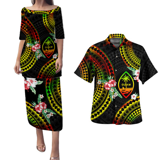 Guam Combo Puletasi And Shirt Polynesian Pattern Reggae Color Hibiscus Flowers
