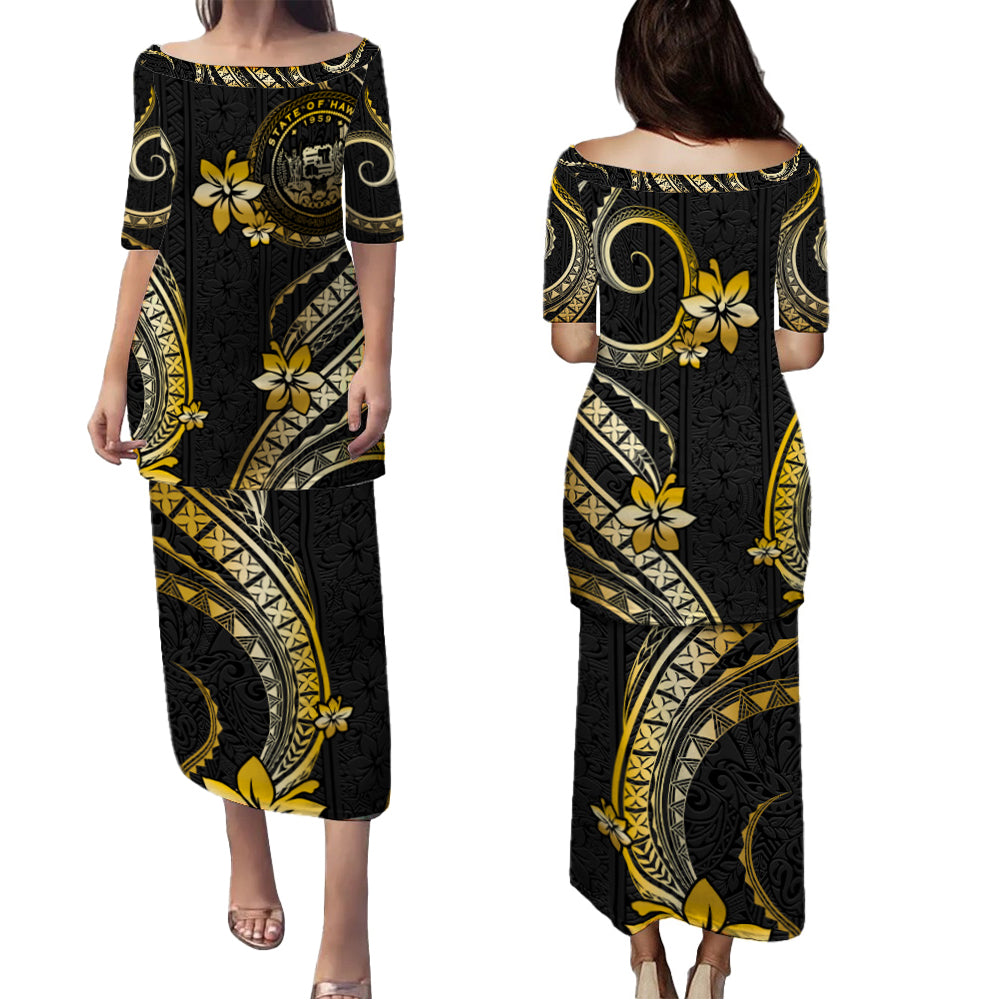 Hawaii Combo Puletasi And Shirt Golden Polynesian Pattern