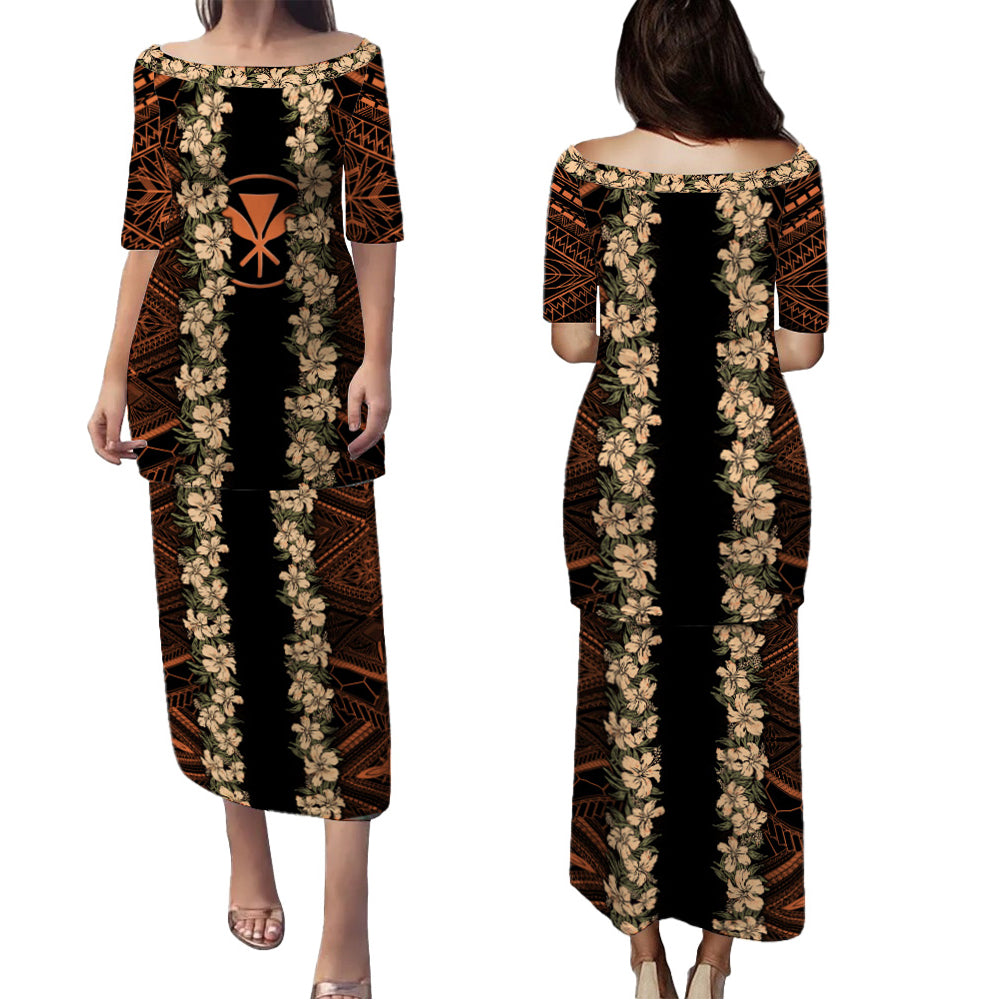 Hawaii Combo Puletasi And Shirt Kanaka Maoli Orange Polynesian Pattern With Hibiscus