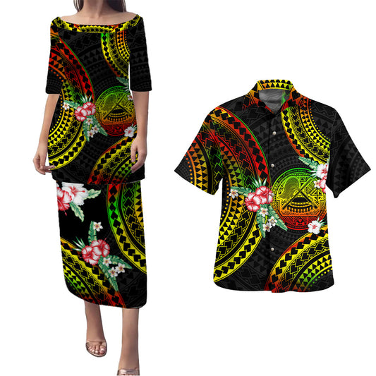 American Samoa Combo Puletasi And Shirt Polynesian Pattern Reggae Color Hibiscus Flowers