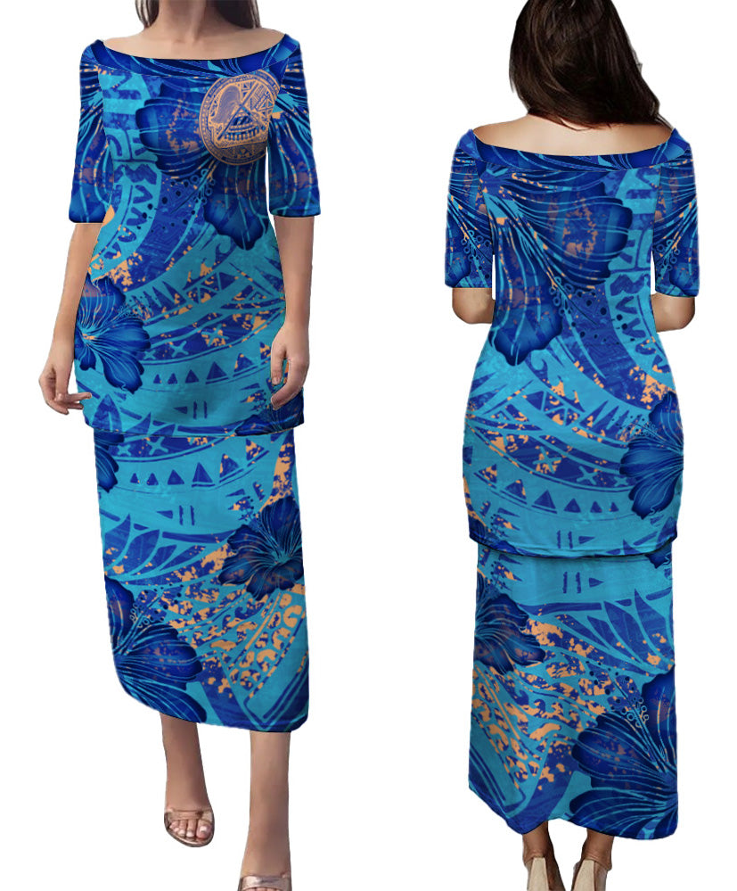 American Samoa Combo Puletasi And Shirt Hibiscus With Polynesian Pattern Blue Version