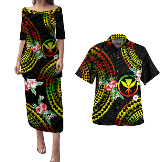 Hawaii Combo Puletasi And Shirt Kanaka Maoli Reggae Color Hibiscus Flowers