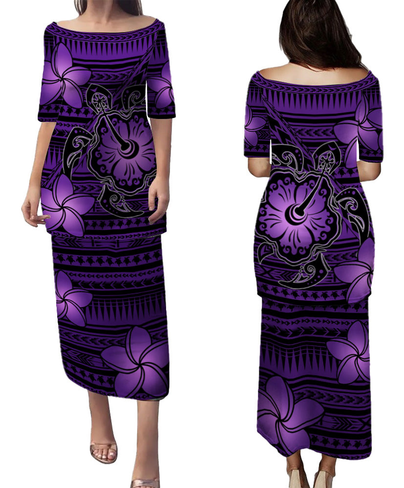Hawaii Combo Puletasi And Shirt Hibiscus Turle With Plumeria Flowers