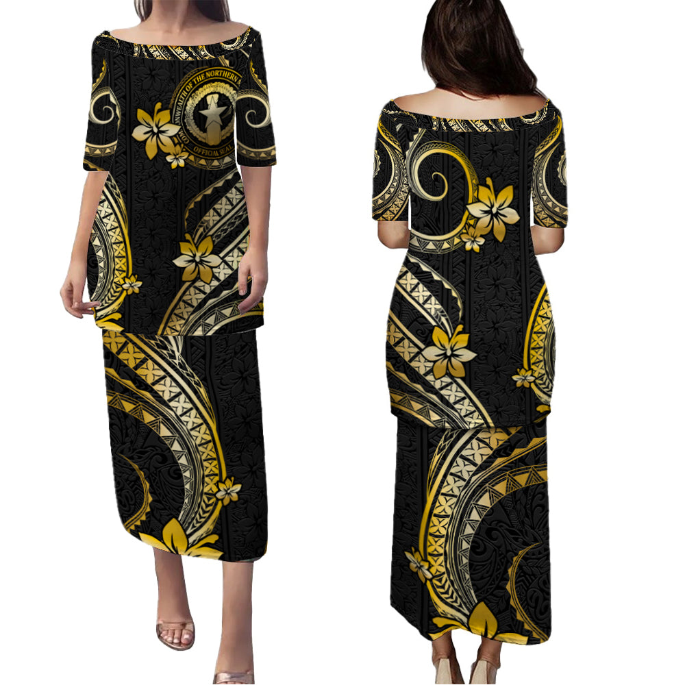 Northern Mariana Islands Combo Puletasi And Shirt Golden Polynesian Pattern